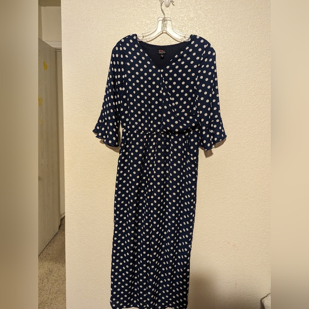 Lilt 14 Girls Size Jumpsuit Navy Blue White Polka Dots Pockets VNeck Bell Sleeve